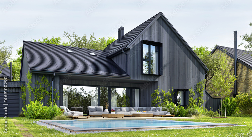 Black house with pool. Modern architecture