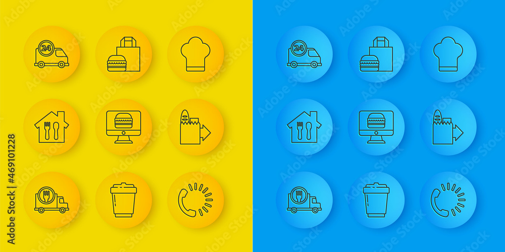 Set line Fast delivery by car, Online ordering and, Food, Chef hat and burger icon. Vector