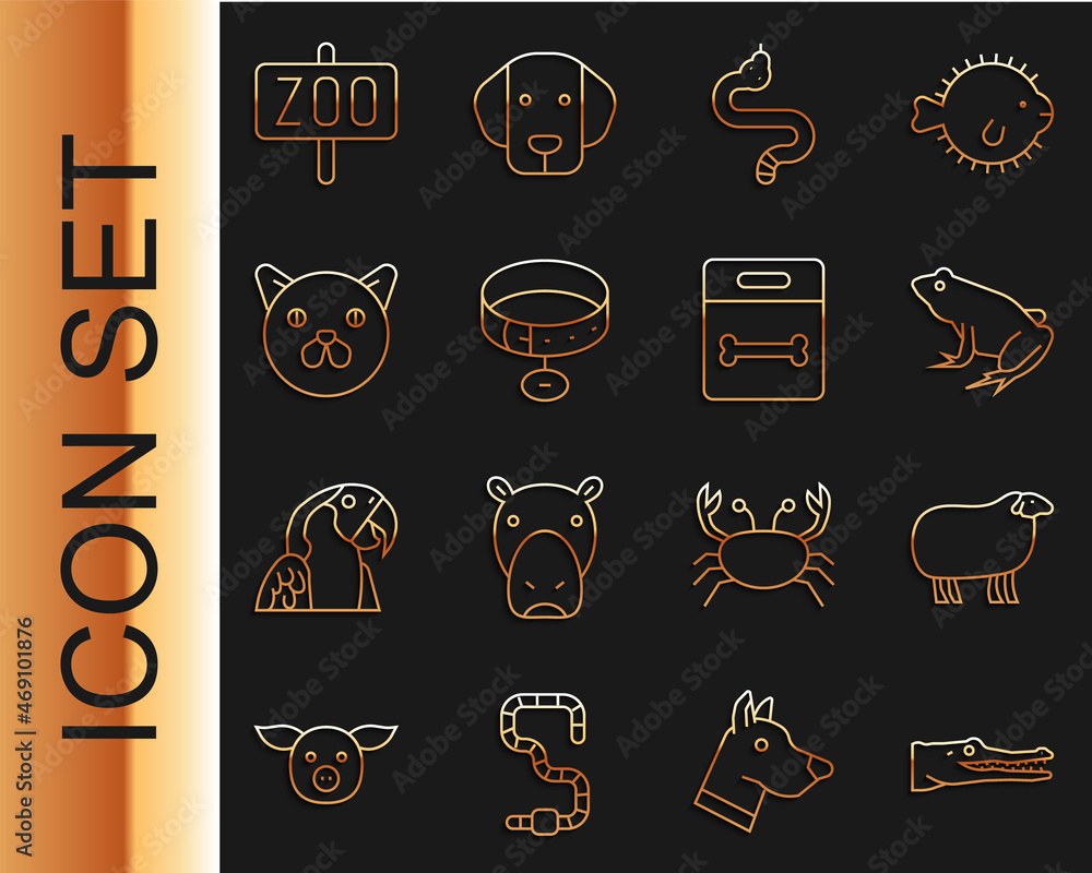 Set line Crocodile, Sheep, Frog, Snake, Collar with name tag, Cat, Zoo park and Dog bone icon. Vecto