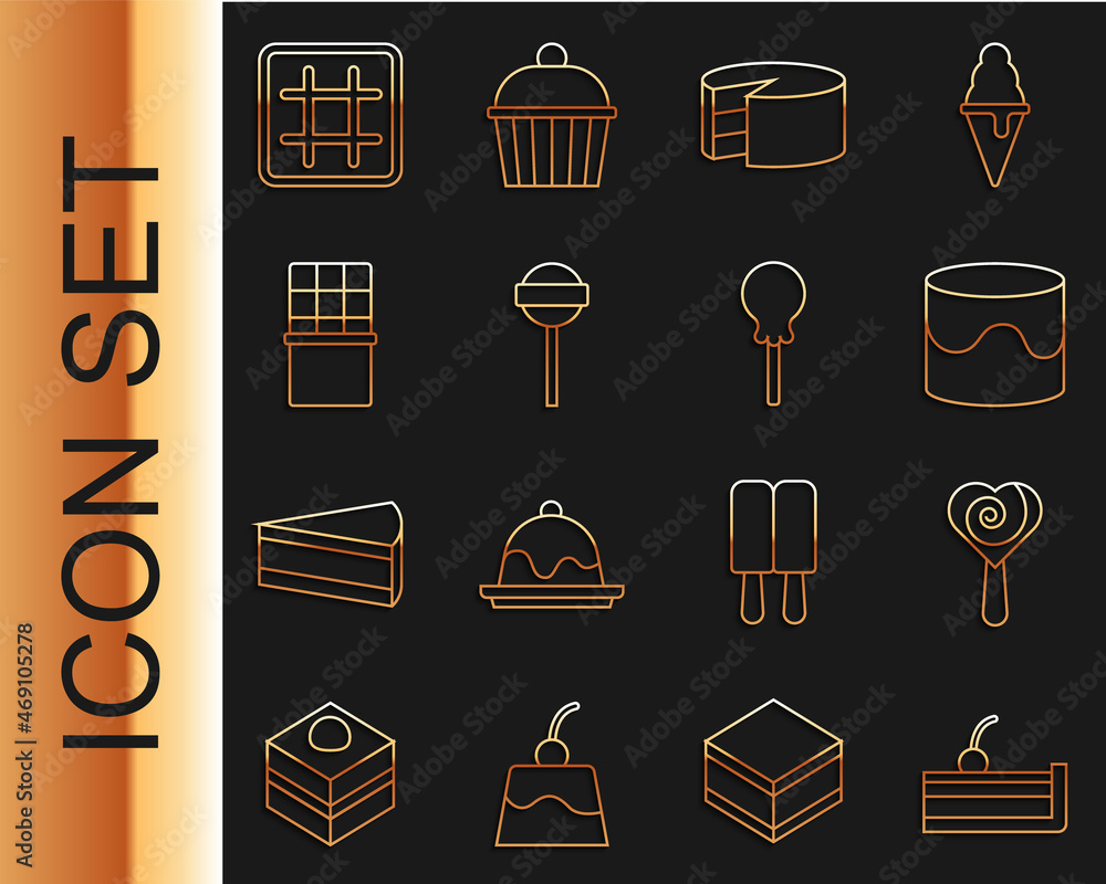 Set line Cherry cheesecake, Lollipop, Cake, Chocolate bar, Waffle and icon. Vector