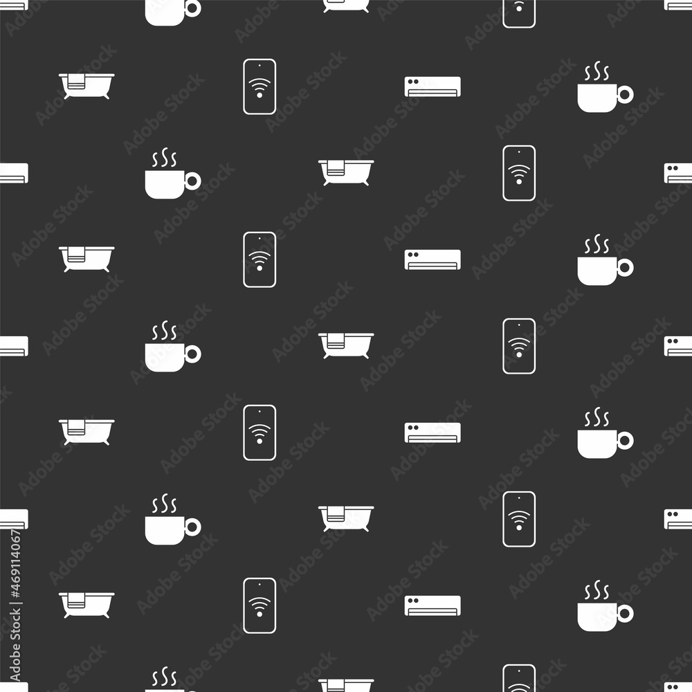 Set Air conditioner, Coffee cup, Bathtub and Mobile with wi-fi wireless on seamless pattern. Vector