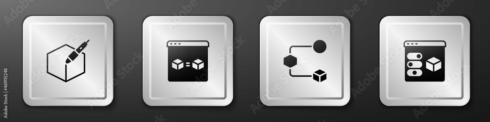 Set 3d pen tool, 3D printer perfect copy, Isometric cube and icon. Silver square button. Vector