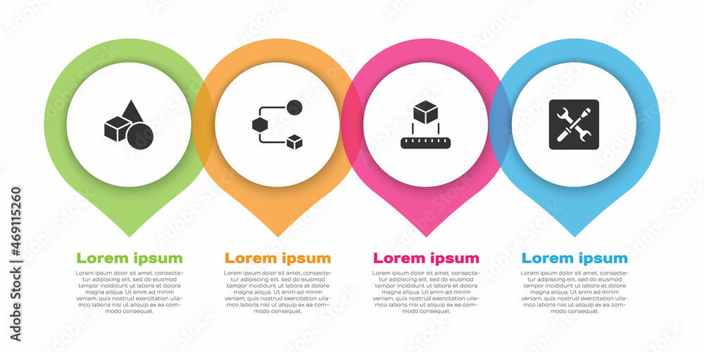 Set Basic geometric shapes, Isometric cube, and 3D printer setting. Business infographic template. V