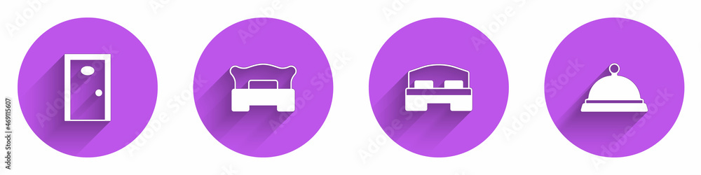 Set Hotel door, Bedroom, bed and Covered with tray of food icon with long shadow. Vector