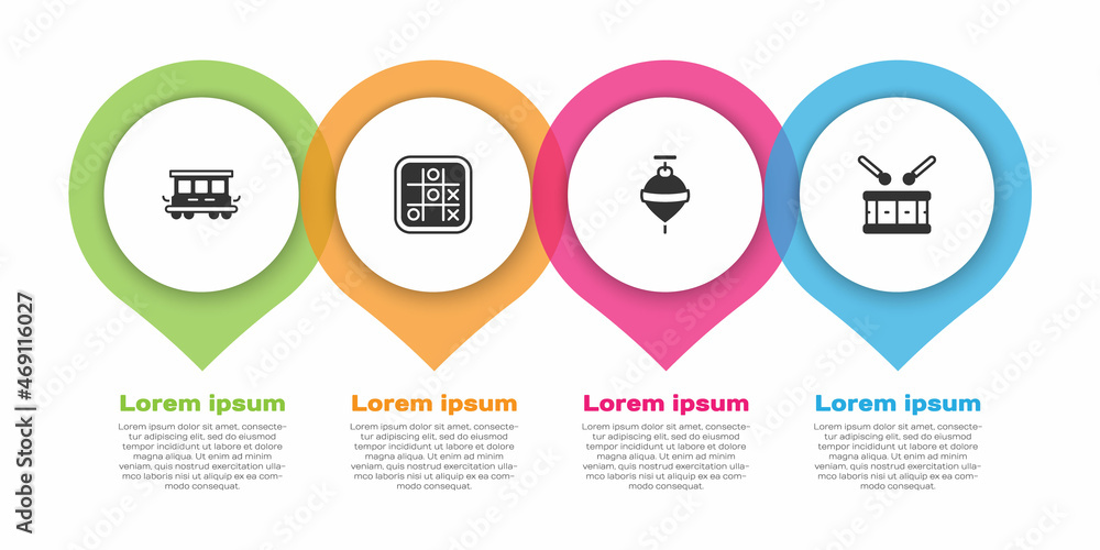 Set Passenger train cars toy, Tic tac toe game, Whirligig and Drum with drum sticks. Business infogr