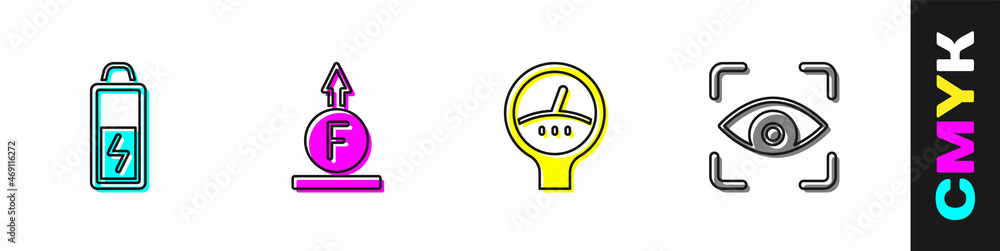 Set Battery, Force of physic formula, Gauge scale and Eye scan icon. Vector