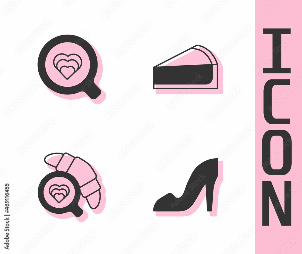 Set Woman shoe，Coffee cup，with croissant and Cherry芝士蛋糕切片图标。Vector