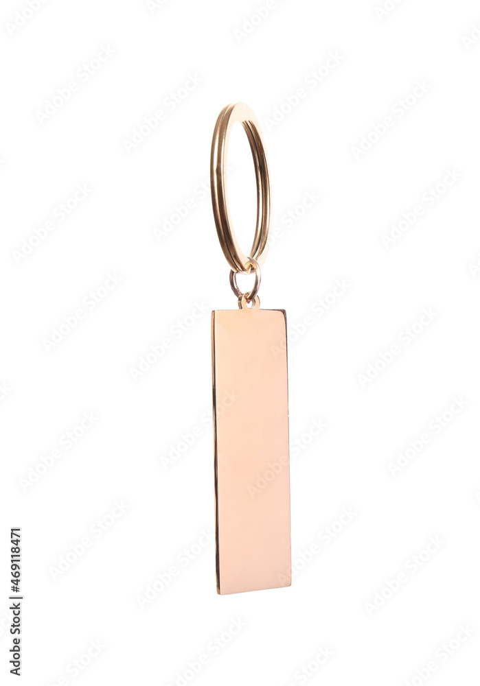 Stylish steel keychain on white background