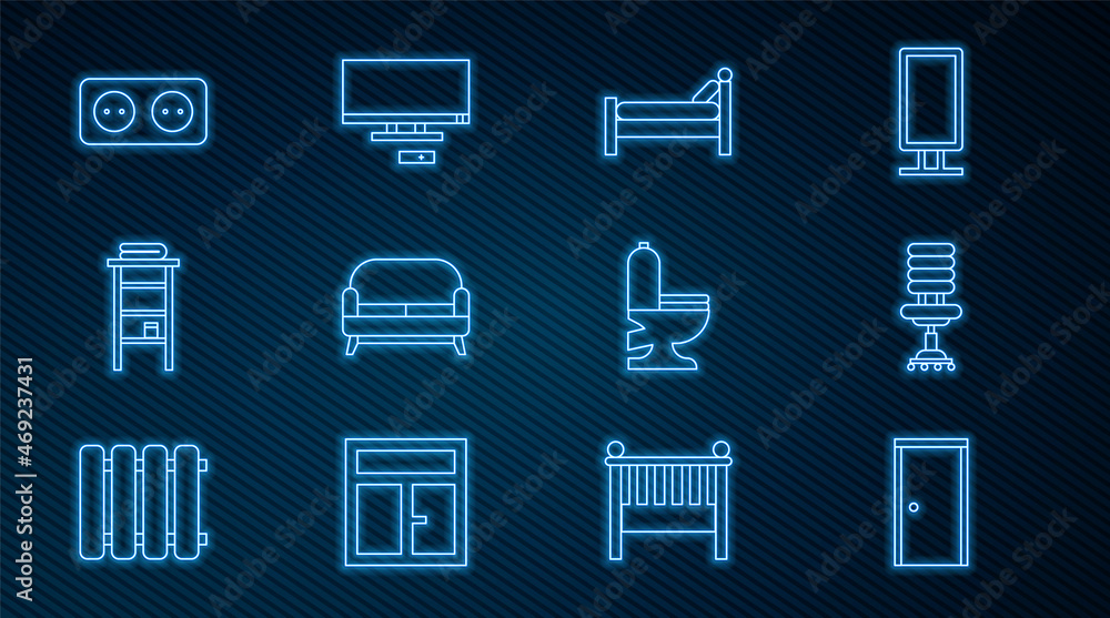 Set line Closed door, Office chair, Bed, Sofa, Bathroom rack with shelves for towels, Electrical out