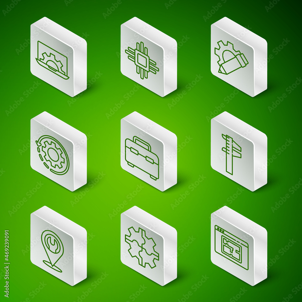 Set line House plan, Gear, Laptop and gear, Toolbox, arrows as workflow, Processor with microcircuit