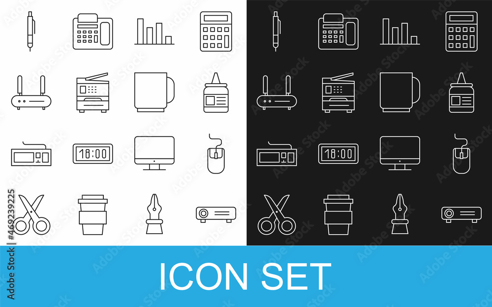 Set line Movie, film, media projector, Computer mouse, Glue, Pie chart infographic, Printer, Router 