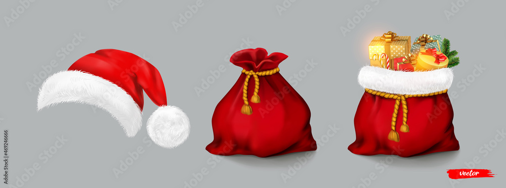 Santa Claus red bags and Santa hat. Open and closed Christmas bags with gifts. Realistic vector illu