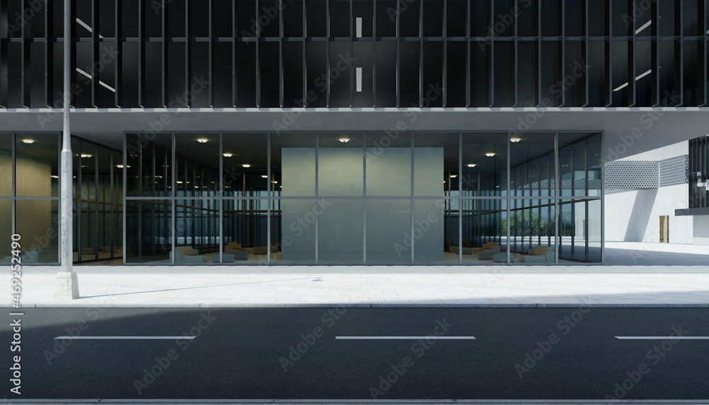 Roadside street view with office buildings background