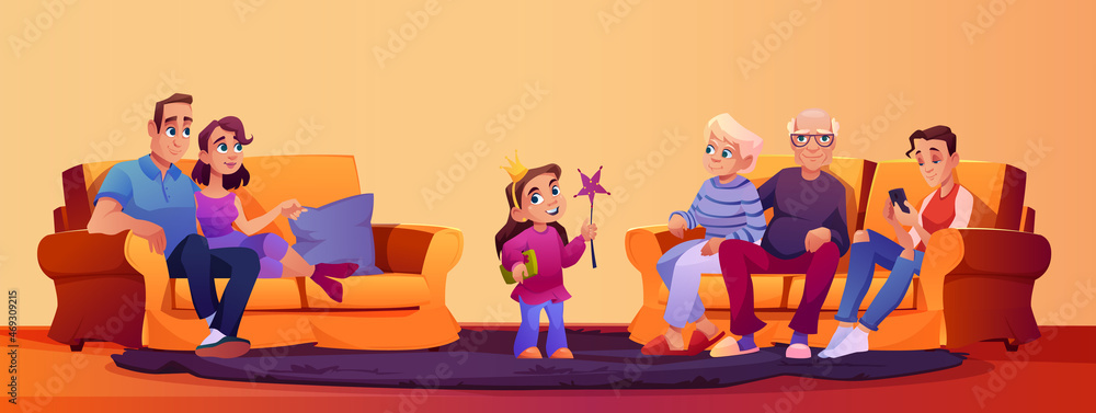 Big family sitting on couch and spending time together. Vector happy couple, parents and grandparent