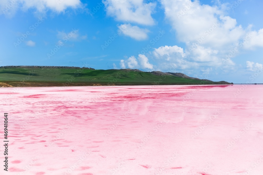 Beautiful red lagoon or salt lake with pink waters rich in minerals