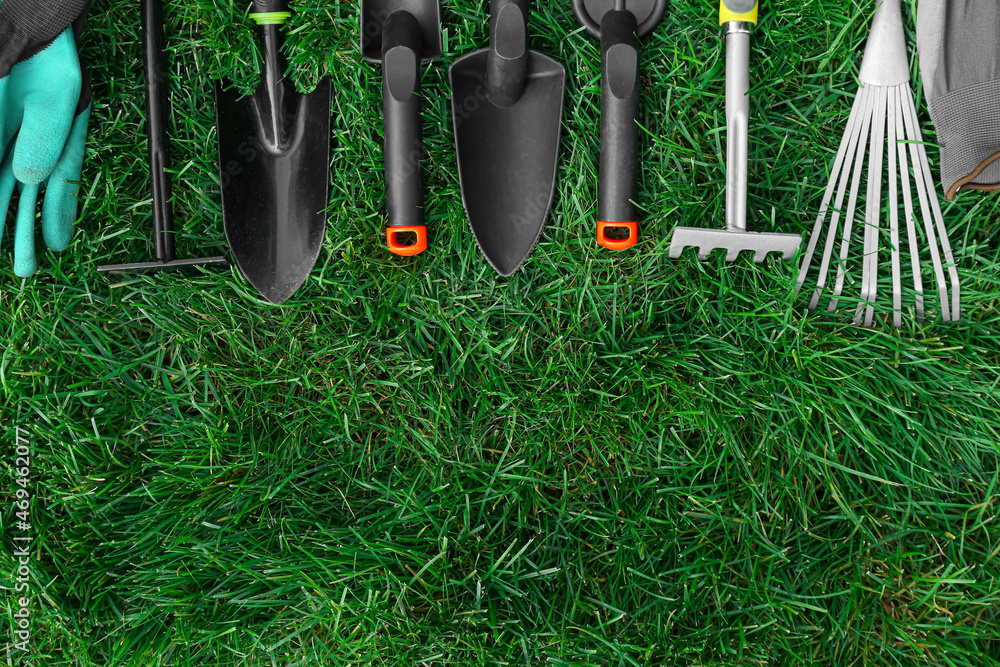 Different gardening tools on green grass outdoors