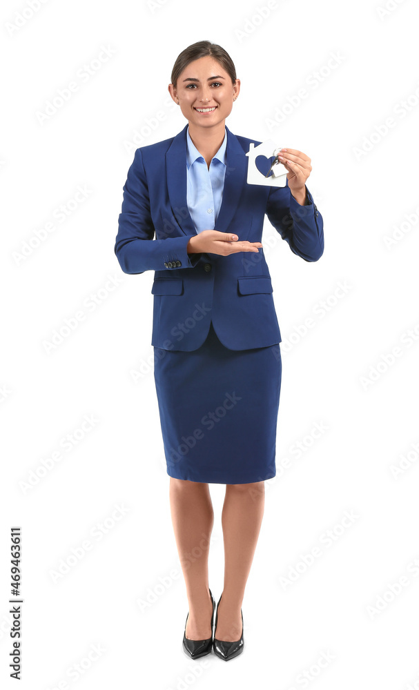 Female real estate agent with figure of house and keys on white background