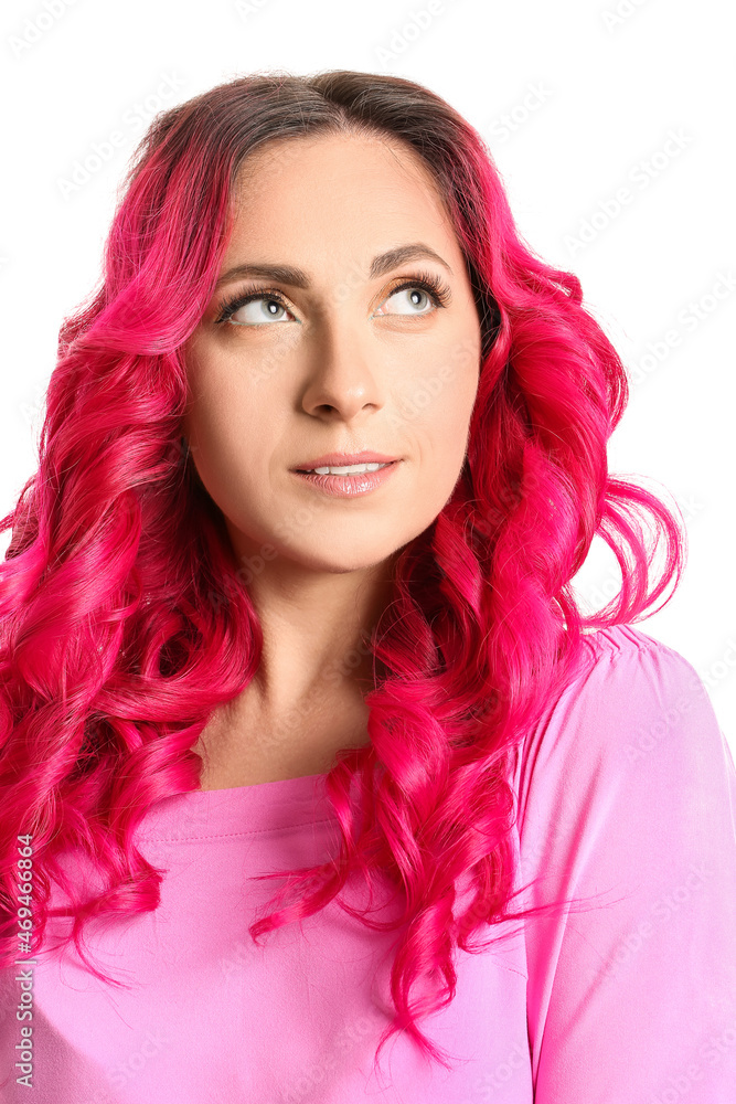 Beautiful woman with unusual bright hair color on white background