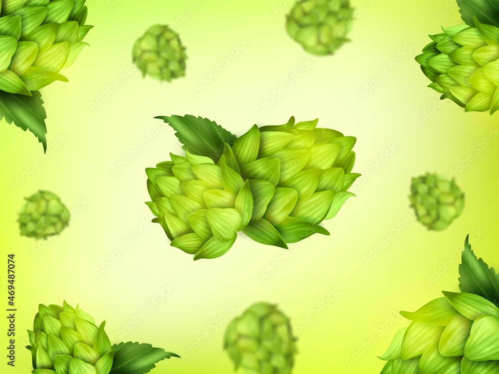 Realistic Detailed 3d Falling Green Hops Background on a Light Beer Alcohol Beverage Concept. Vector