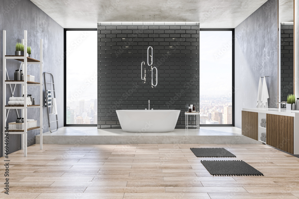 Modern black tile, wooden and concrete bathroom interior with bathtub, panoramic city view, daylight