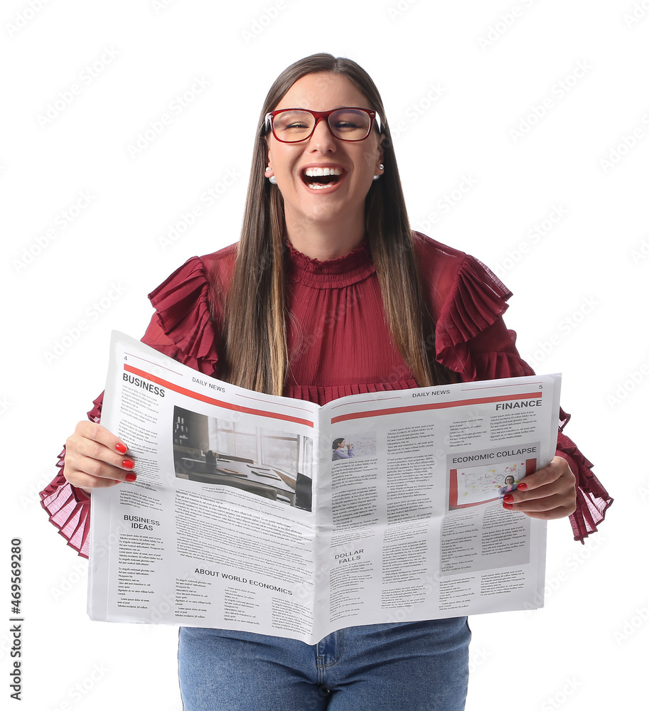 Happy beautiful woman in eyeglasses with newspaper on white background