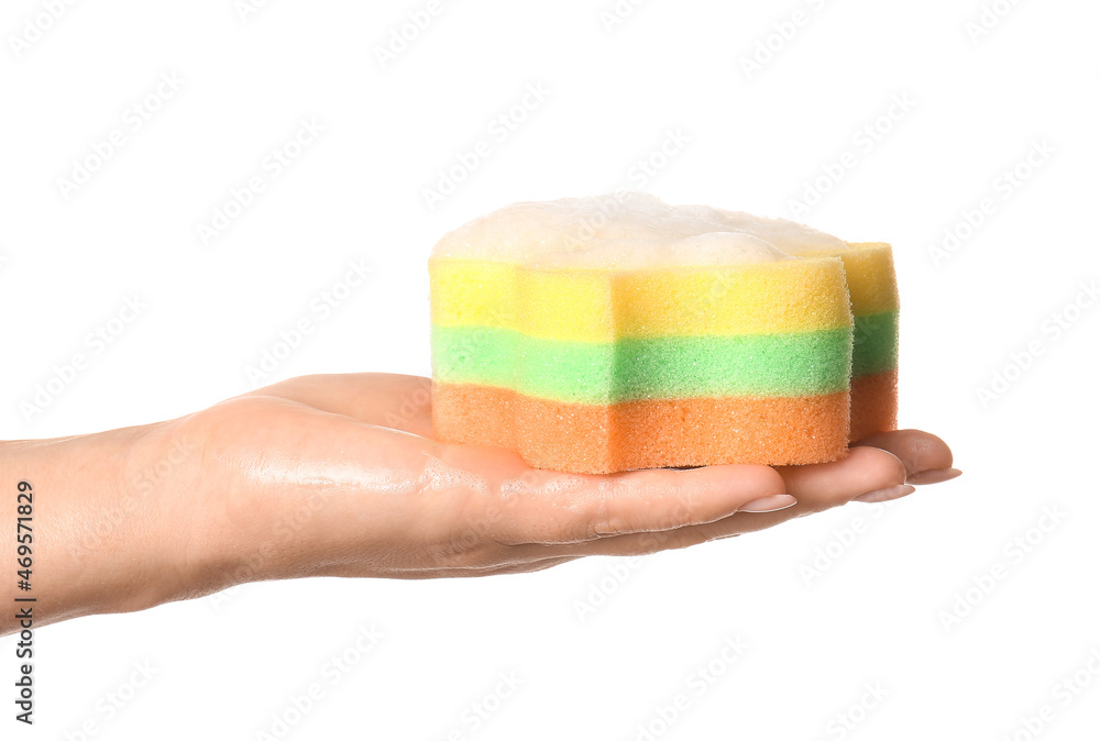 Woman holding soapy bath sponge on white background