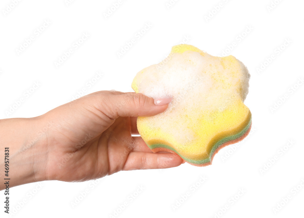 Woman holding yellow bath sponge with foam on white background, closeup