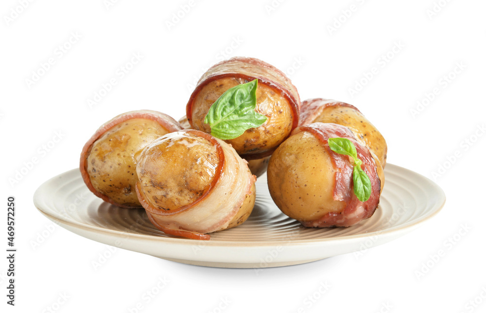 Plate of tasty baked potatoes with bacon on white background