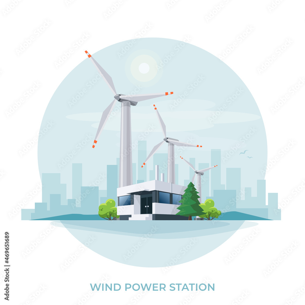 Wind turbines power plant station building factory icon. Renewable sustainable wind park energy gene