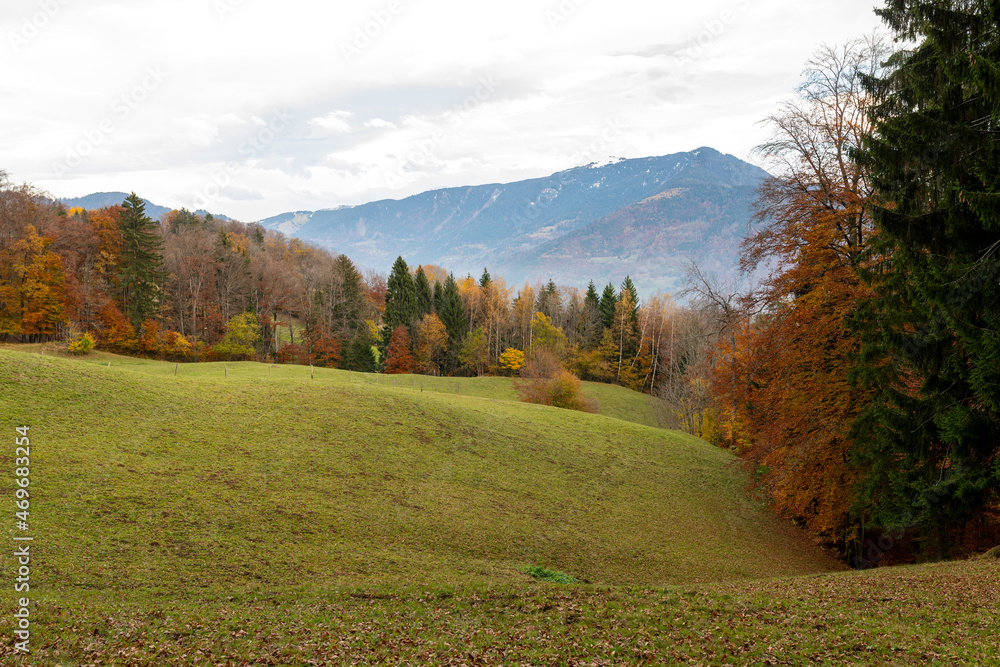 Paysage de montagne dans le Parc Naturel Régional des Bauges en Savoie en France à lautomne