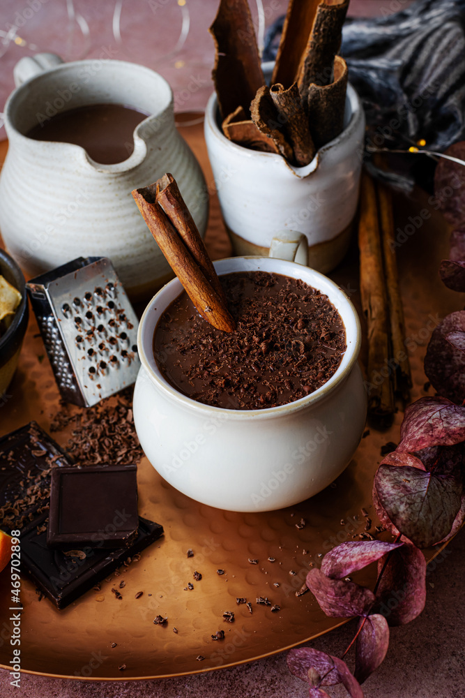 Hot chocolate with cinnamon sticks holiday food photography