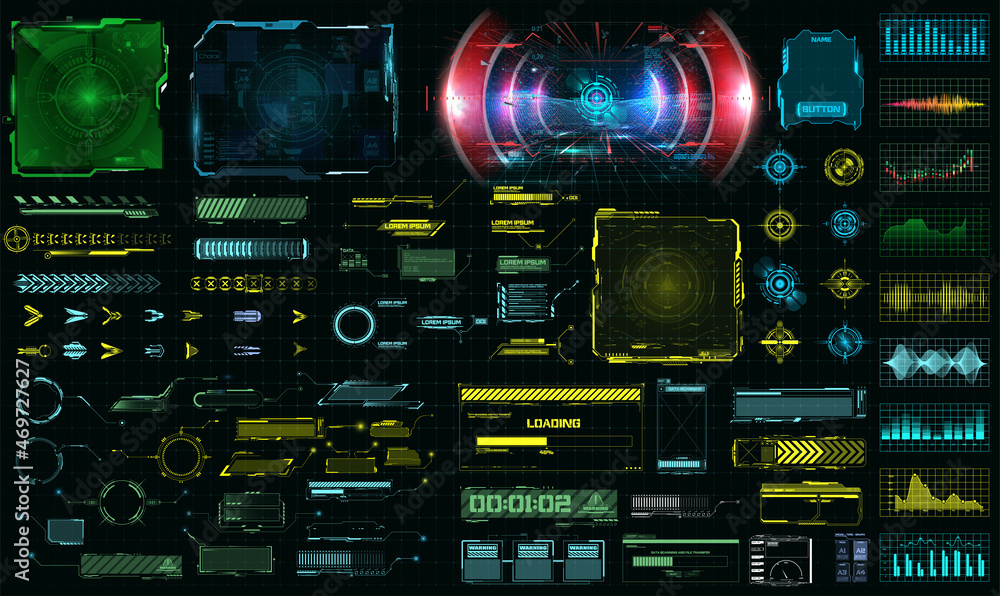 Sci-fi futuristic hud dashboard display virtual reality technology screen. Big collection HUD, GUI e