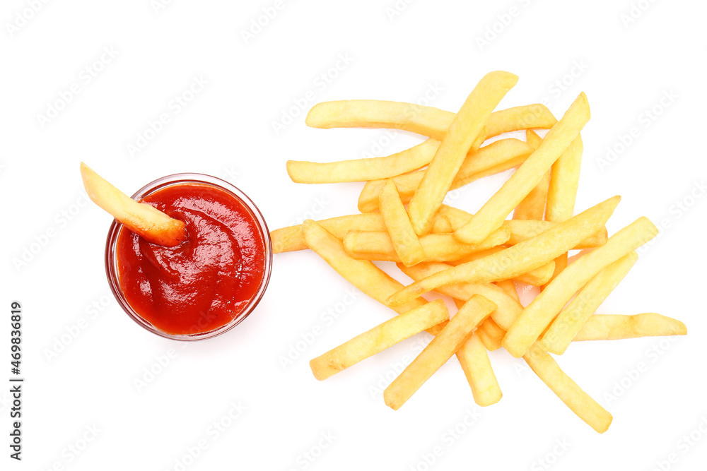 Tasty french fries with tomato sauce on white background