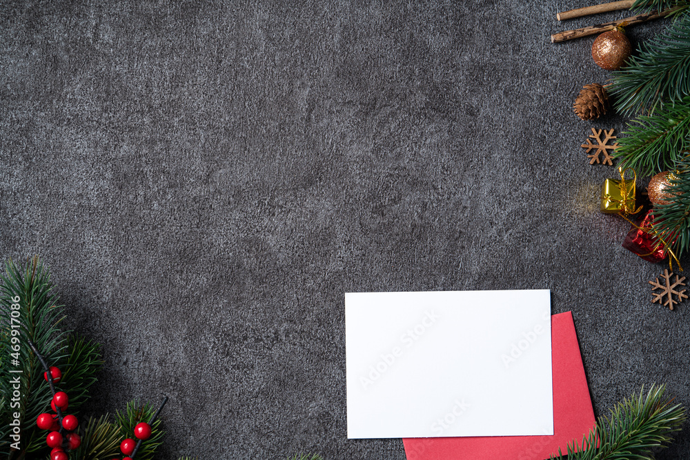 Christmas background design concept with fir tree branch border frame and blank card.