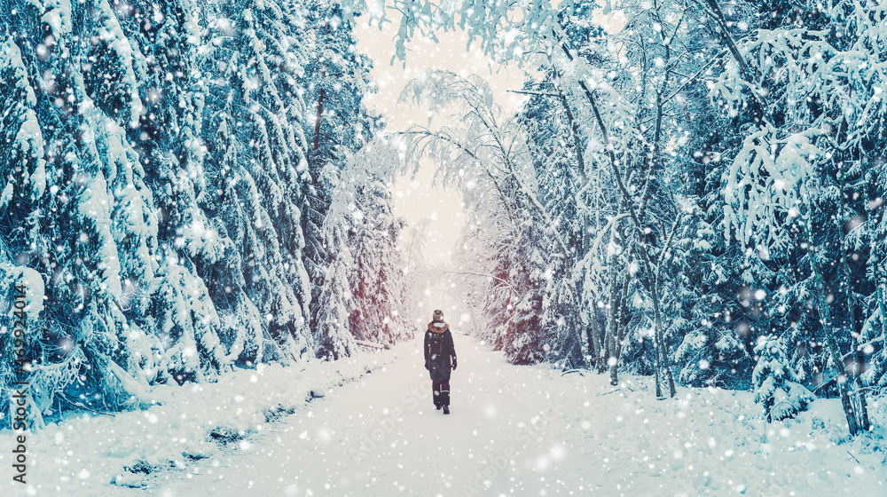 Loneliness woman walking in the winter forest in snowfall