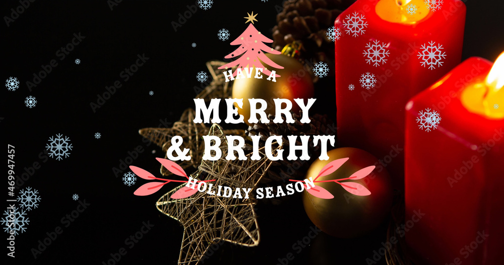 Image of seasonal greetings text in white with christmas tree, candles and decorations