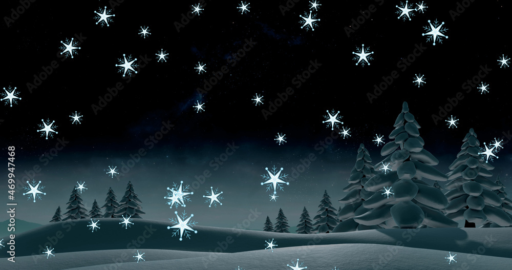 Image of white christmas snowflakes falling over snow covered landscape at night