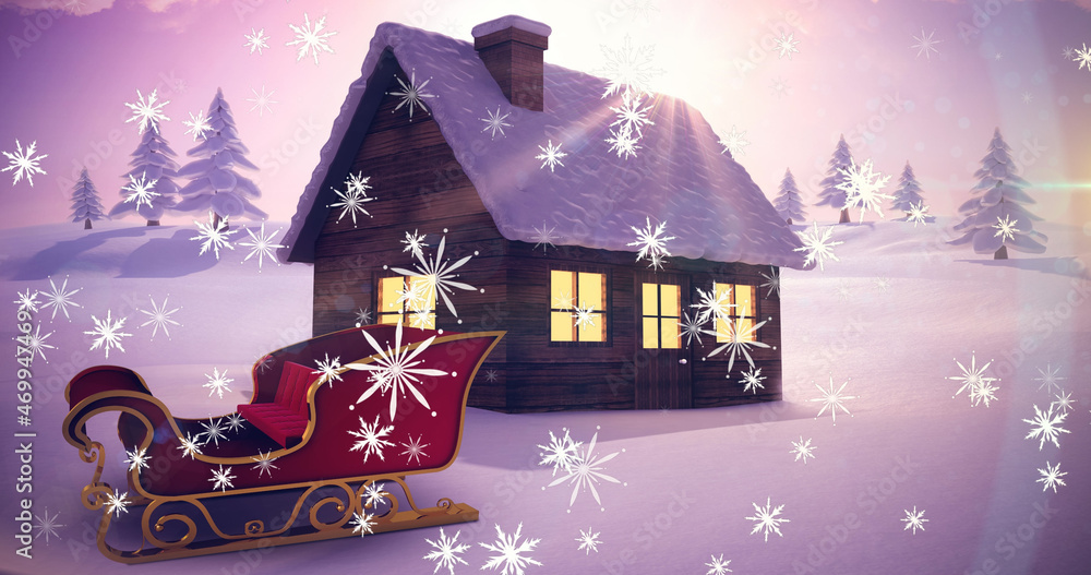 Image of white christmas snowflakes falling over snow covered house, sleigh and landscape