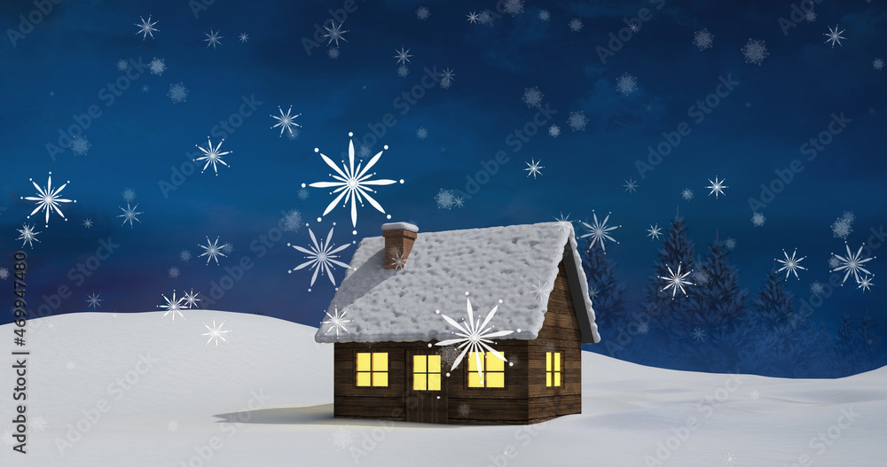 Image of white christmas snowflakes falling at night over snow covered house and landscape