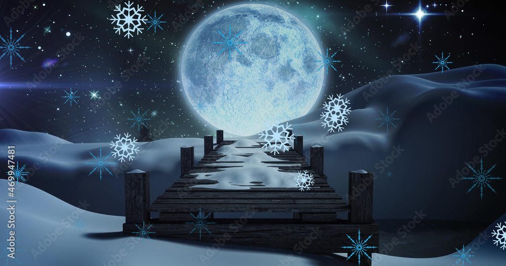 Image of white christmas snowflakes falling at night with full moon and snow covered bridge