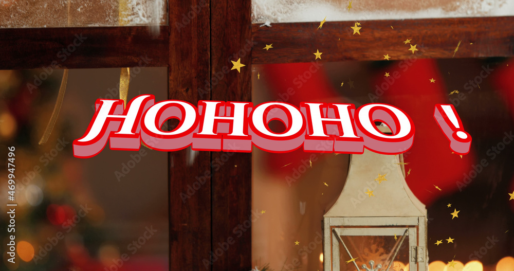 Image of hohoho text in red over falling snow and window with christmas decorations