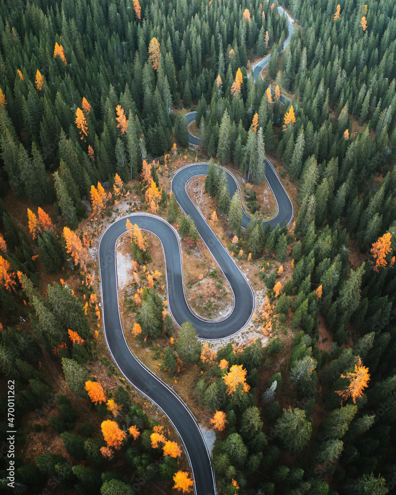 多洛米蒂阿尔卑斯山Passo Giau附近著名的Snake公路俯视图。罗斯蜿蜒的山路