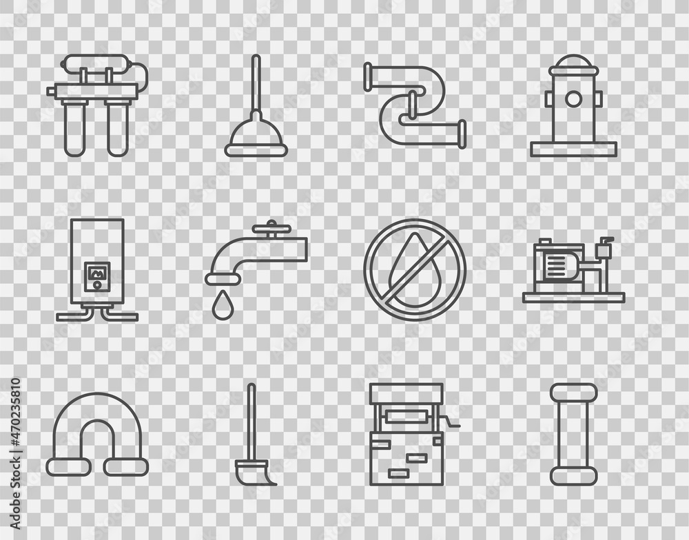 Set line工业金属管、拖把、滤水器、水龙头、水井和电动水泵图标。Vector