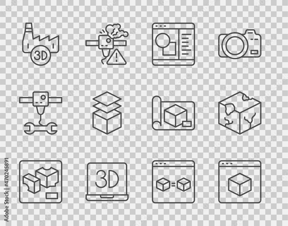 设置线3D打印机，软件，印刷厂行业，图层，完美复制和等角立方体图标