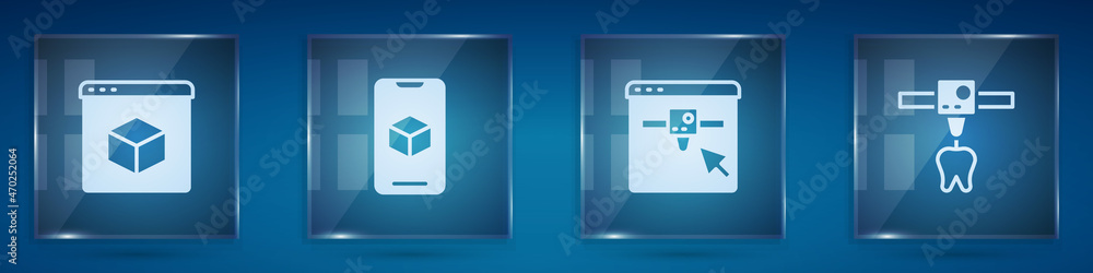 设置3D打印机、软件、设置和牙齿。方形玻璃面板。矢量