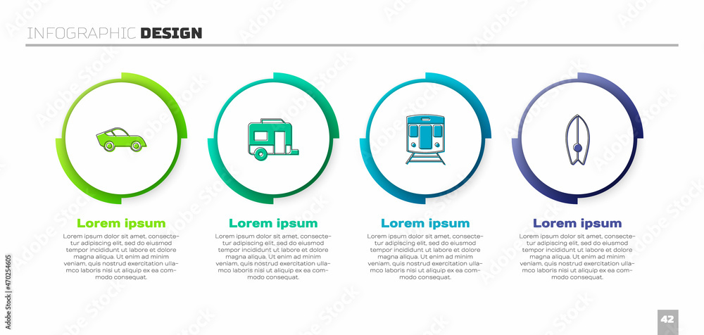 设置汽车、Rv露营拖车、火车、铁路和冲浪板。商业信息图表模板。矢量