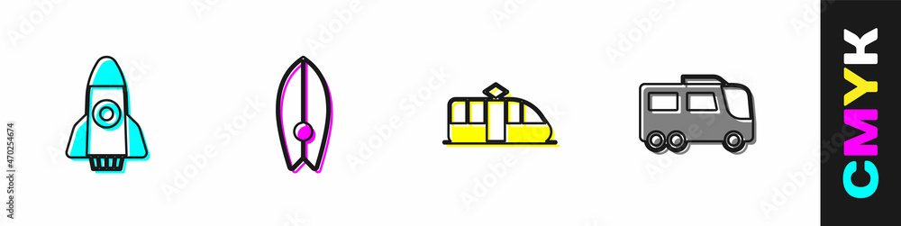 设置火箭船、冲浪板、有轨电车、铁路和公共汽车图标。矢量