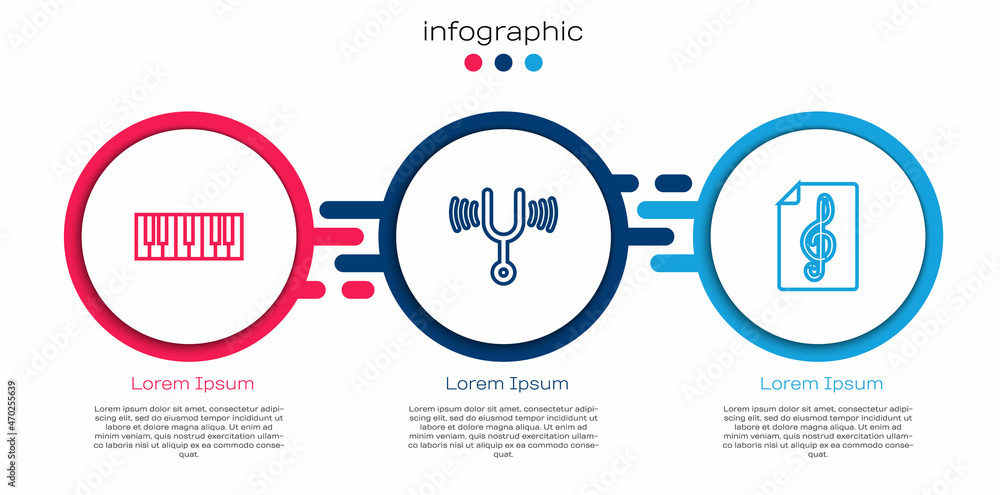 设置线路音乐合成器、音乐音叉和高音谱号。商业信息图模板。Vect