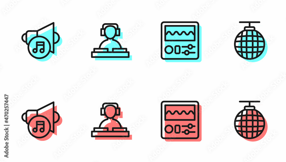 设置线鼓机、扬声器音量、DJ播放音乐和迪斯科球图标。矢量
