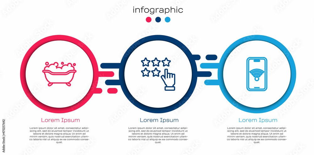 Set line Bathtub, Stars rating and Mobile with wi-fi wireless. Business infographic template. Vector